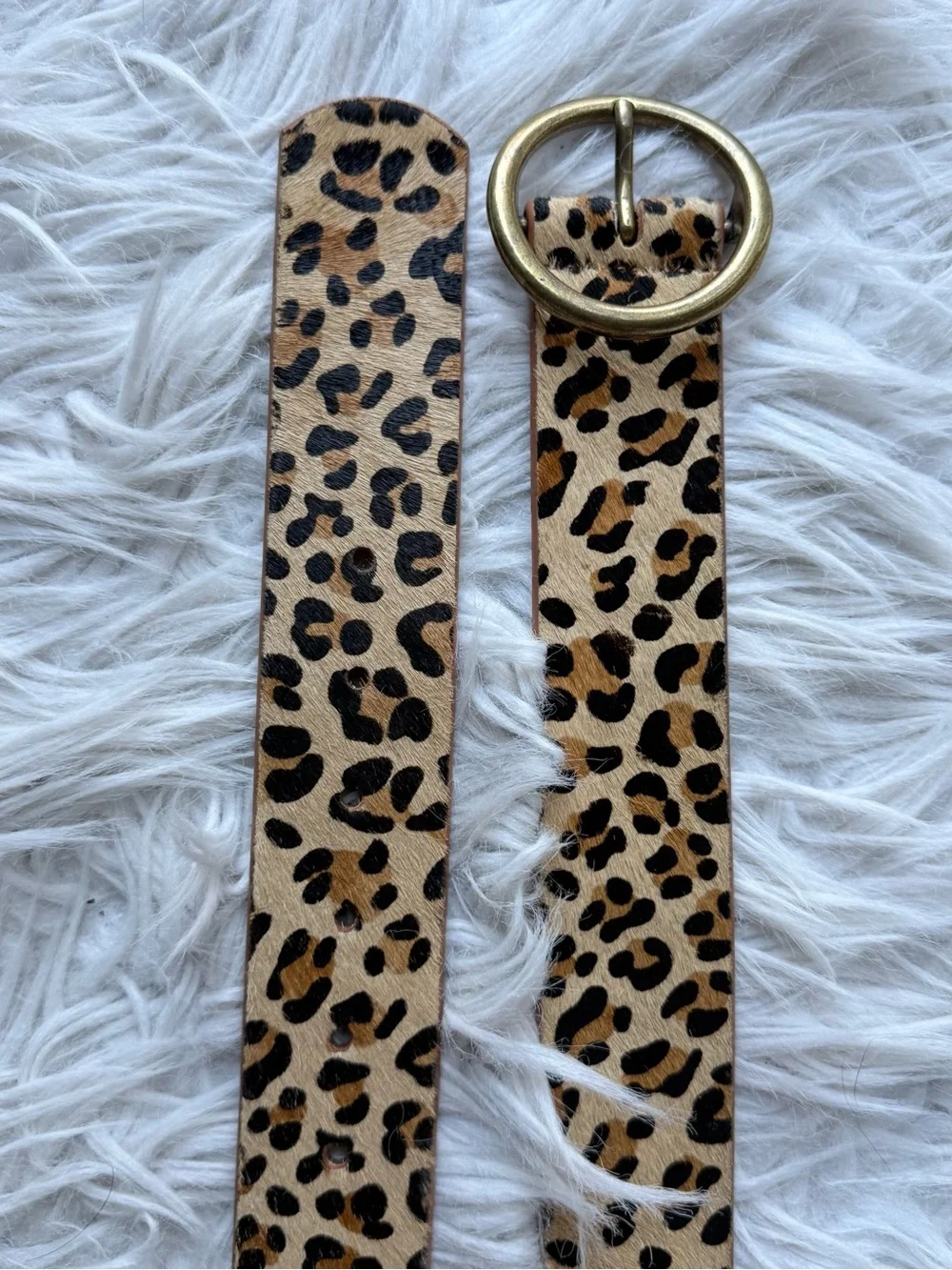 Genuine Leather Leopard Print Hair On Hide Belt Round Brass Buckle Size Medium